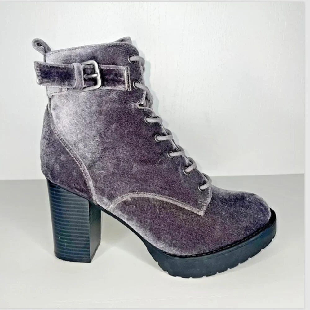 Madden Girl Jitter Grey Velvet Lace Up Platform Boots Chunky Block Heel Size 7.5